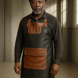 a middle aged men wearing dual-tone leather apron