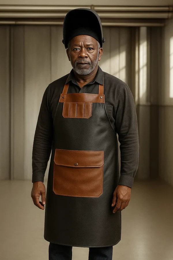a middle aged men wearing dual-tone leather apron