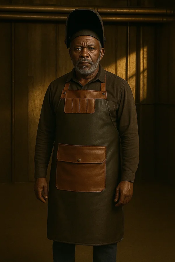 the dual-tone welding apron in leather worn by mid-age welder
