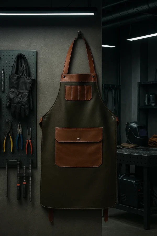 the dual-tone welding apron in leather hung in welding workspace