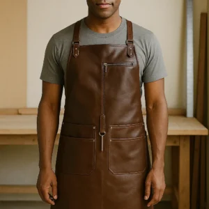 woodworker wearing a carpentry leather apron in a workshop