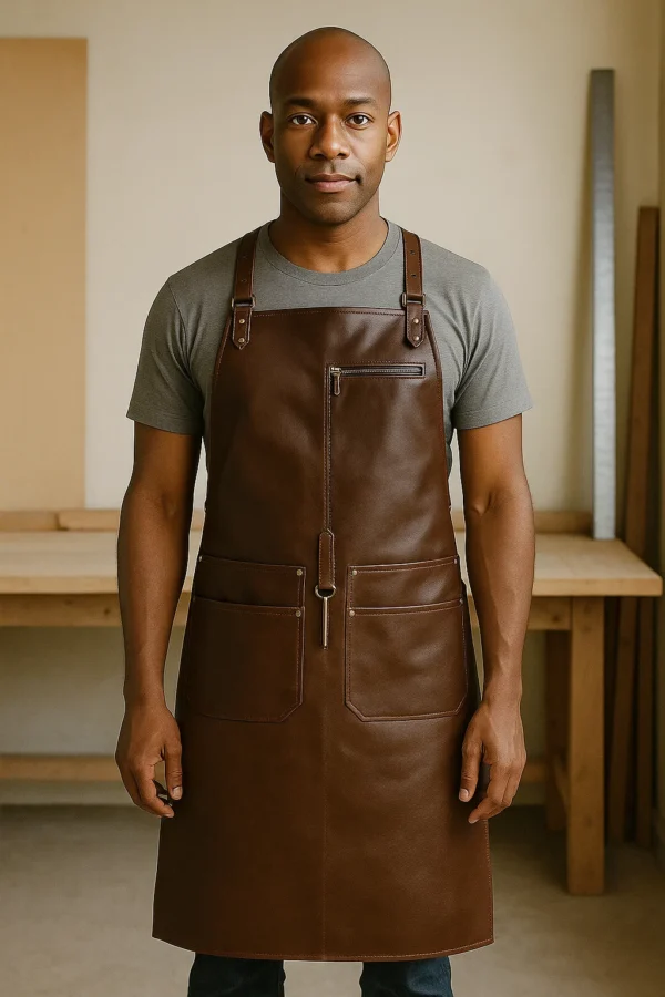 woodworker wearing a carpentry leather apron in a workshop