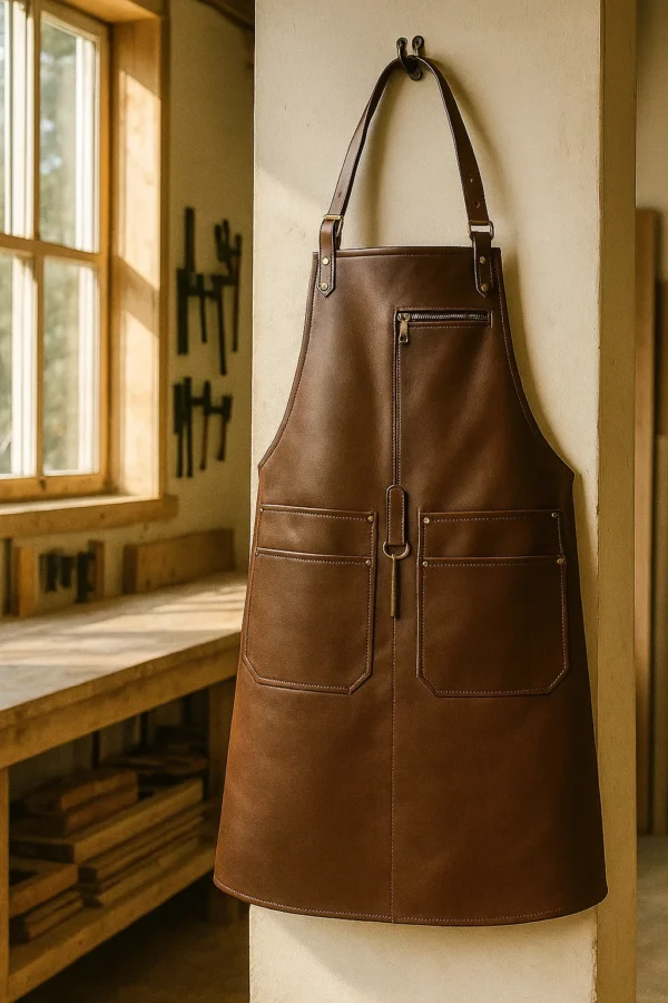 a carpentry leather apron hung in a workshop