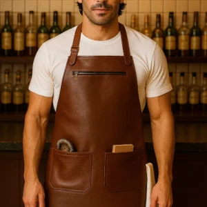 a young man wearing brown leather apron