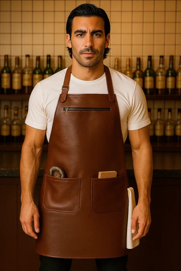 a young man wearing brown leather apron