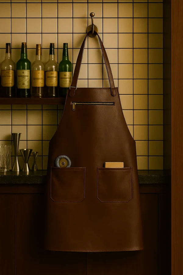 leather bartender apron on brown against the wall