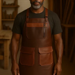 an old men wearing leather workshop apron
