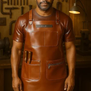 a woodworker wearing leather apron