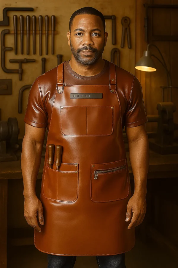 Woodworker wearing a brown leather apron in his workshop