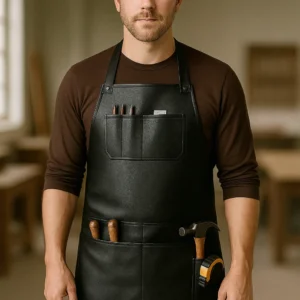 a me wearing leather woodworker apron with tools