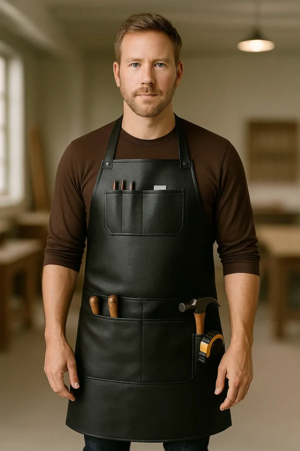 a me wearing leather woodworker apron with tools