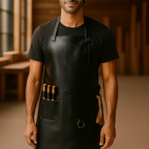 a young men wearing leather carpentry apron