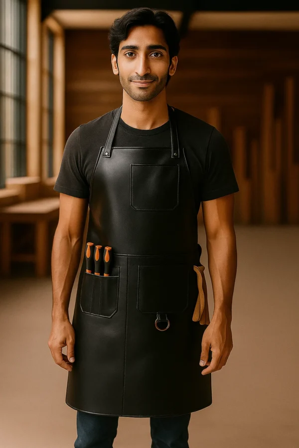 a young men wearing leather carpentry apron